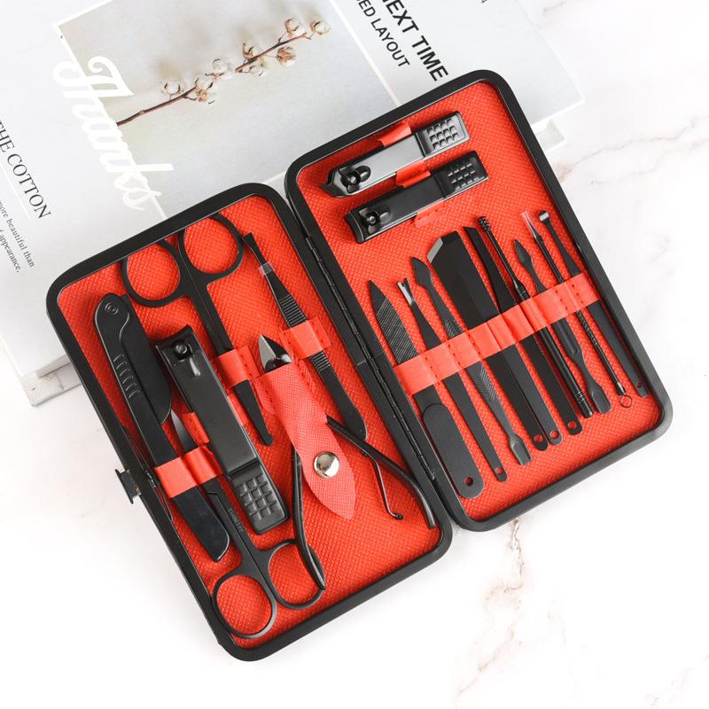 Машинка для стрижки ногтей из нержавеющей стали, триммер, набор для ухода за ушами, маникюрные ножницы, педикюр, пинцет, набор инструментов для ногтей с черным кожаным дорожным футляром