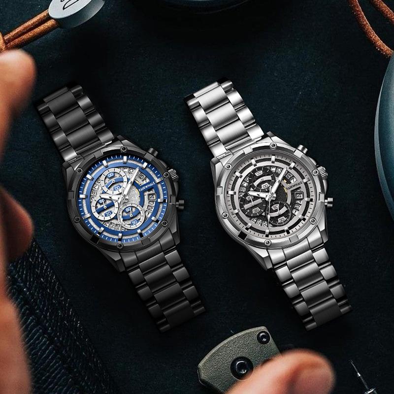 Mark Fairwhale Brand Men's Quartz Watches Stainless Steel Strap Waterproof Luminous Multifunctional Date Chronograph Watch Men