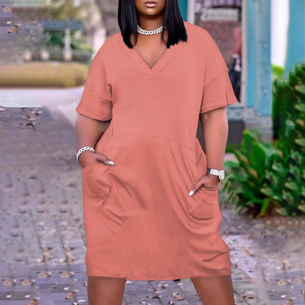 Лето плюс размер V-образным вырезом с коротким рукавом и карманом до колена с градиентным принтом повседневное платье для женщин