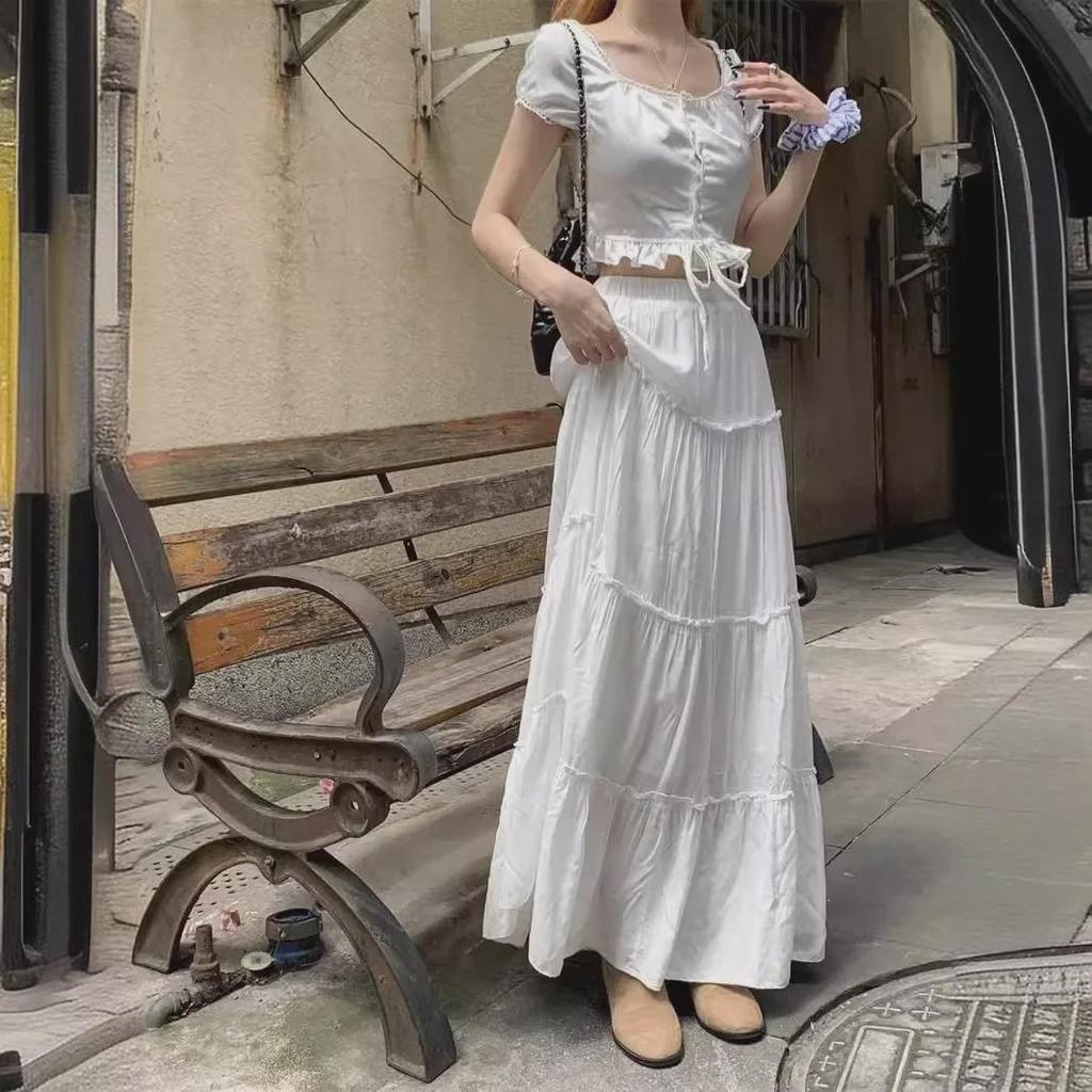 Юбка А-силуэта с высокой талией в французском стиле для женщин - Элегантная весенняя юбка миди с оборками