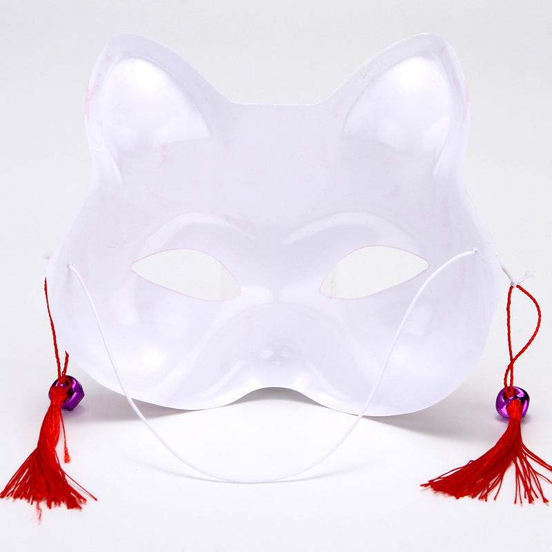 Маска лисы в японском стиле для косплея для детей - расписанная вручную белая половина кошачьего лица с нарядом в виде колокольчика.