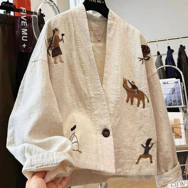Coat for Women Cotton Autumn Thickened Casual Oversize Heavyweight Embroidered  V-Neck Jacket
