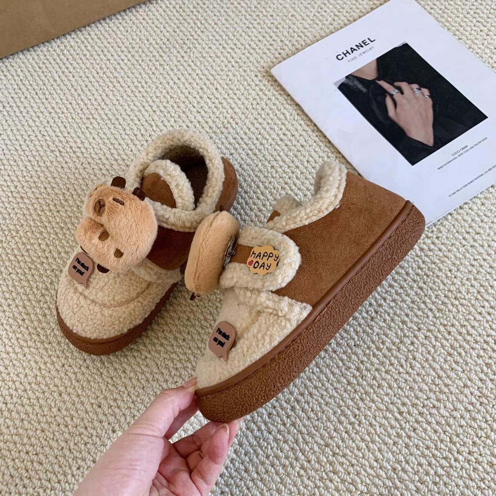 Милые термоботинки Капибара, шапка-бини из овечьей шерсти, зимняя новинка 2025 года, игрушки на липучках, нескользящие хлопковые ботинки