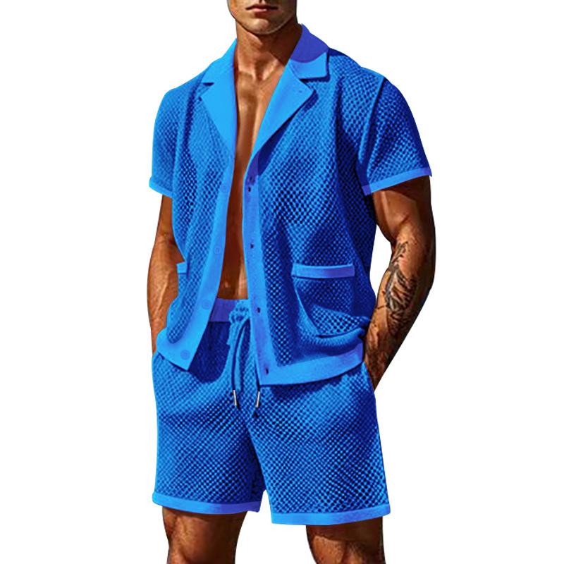 Seaside Beach Sexy Two Piece Sets Mens Fashion Hollow Out Breathable Mesh Shirts and Shorts Suits Men Daily Leisure Mesh Outfits