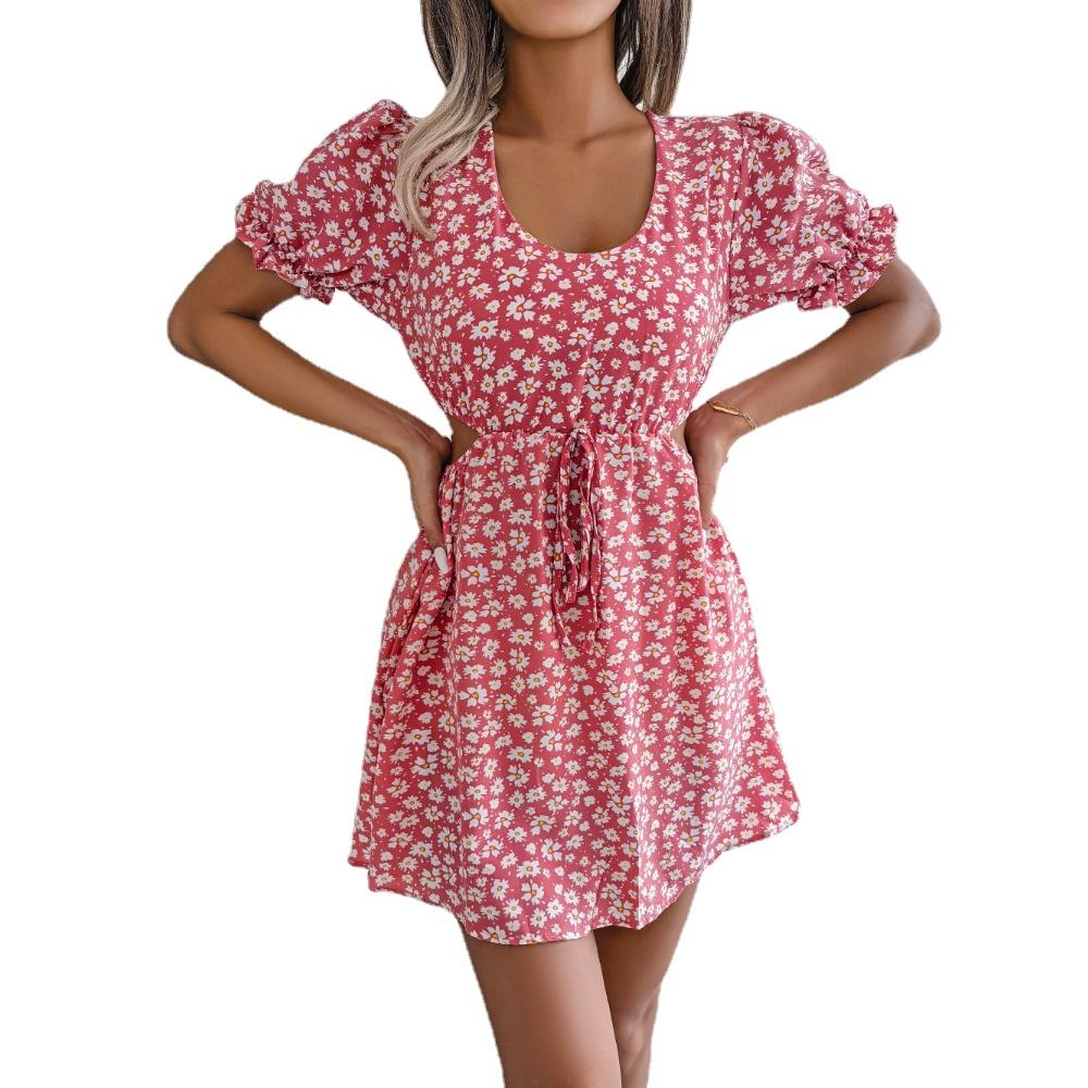GMXIA Весенне-летнее повседневное платье с вырезом на шнуровке и коротким рукавом с цветочным принтом для женщин, юбка
