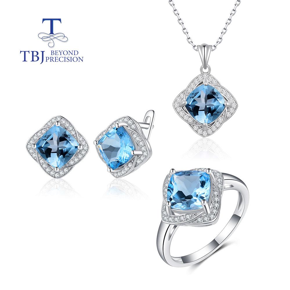 Natural Cushion Sky Blue Topaz Jewelry Set 925 Sterling Silver Ring Earring Pendant for Women Wife Nice Gift