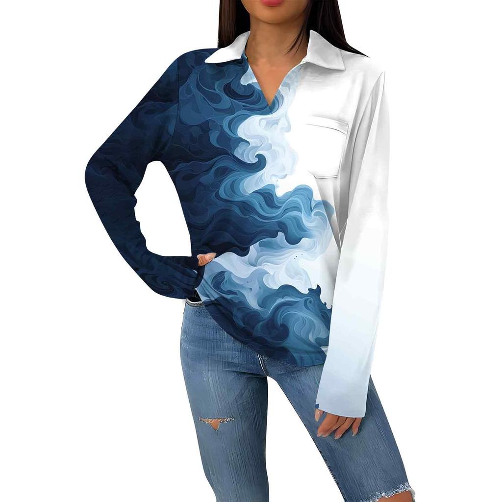 Женская модная повседневная футболка с длинным рукавом и V-образным вырезом в полоску с принтом и лацканами