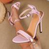 Pesstwei Summer Elegant Pink Bow High-heeled Sandals Women Fashion Buckle Strap Open Toed Sandals Wedding Party Stripper Shoes