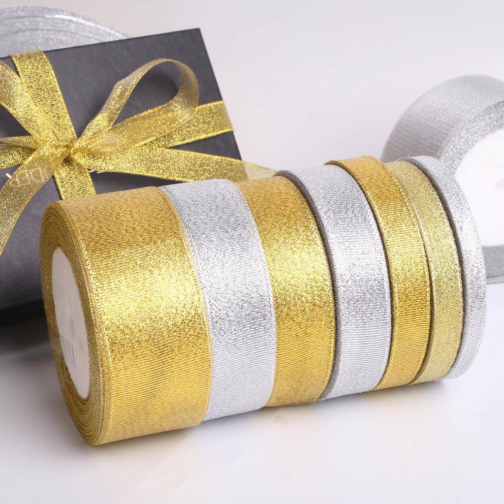 Ленты с блестками 6-50 мм 25 ярдов Золотая/Серебряная Металлическая Органза Лента для Свадебного Торта Подарочное Украшение DIY Принадлежности для Рукоделия