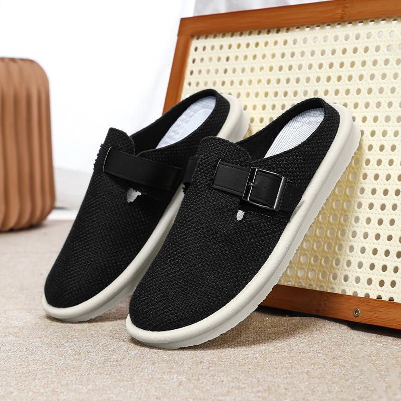 Мода 2025 Мужские льняные шлепанцы с закрытым носком Летние дышащие тапочки для дома и улицы Большого размера Комфортная повседневная офисная обувь для поездок