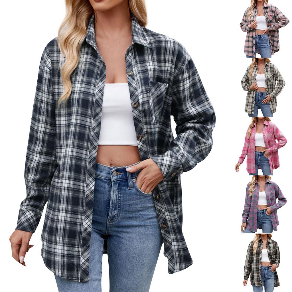 Women's Fashionable Wide Plaid Long Sleeved Loose Button Pocket Shirt Jacket