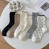 Women's Mid-calf Socks, College-style Cotton Socks, Pile Socks, Trendy Solid Color Double Bubble Lace Polka Dot Women's Socks