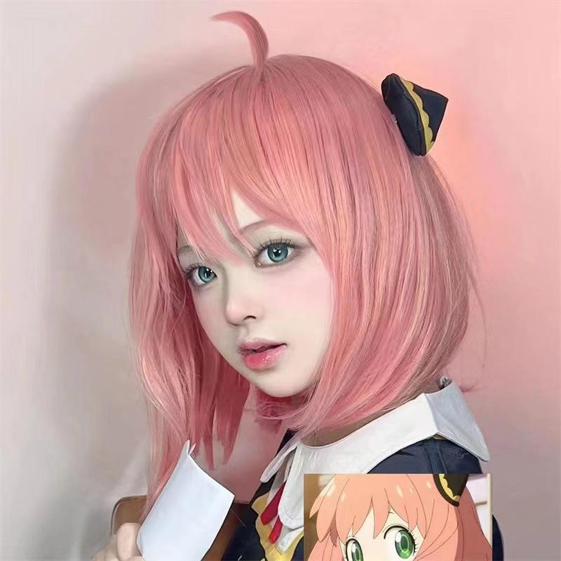 Anime Kids Wig Female Spy Playing House Pink Short Qi Bangs Ania Cosplay Wig Cover