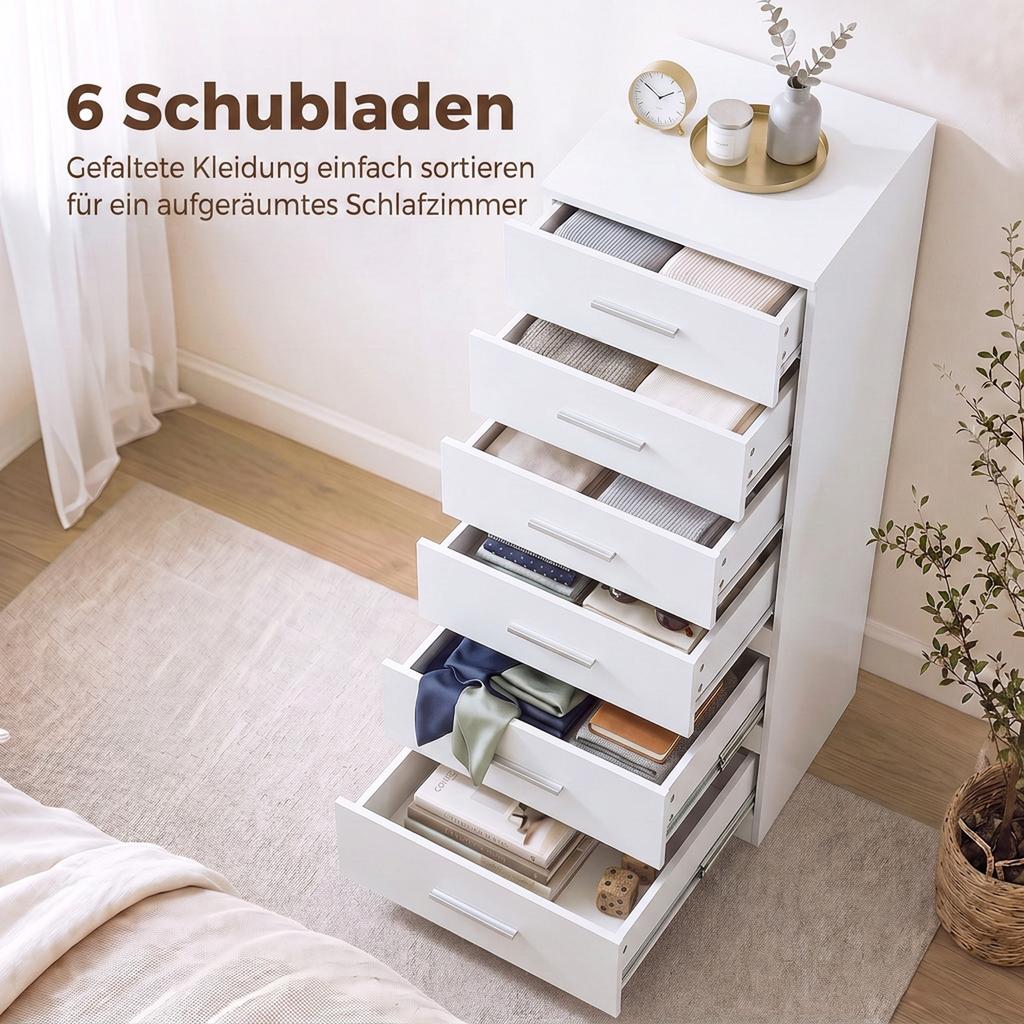 Chest of Drawers with 6 Drawers, Modern Bedroom Dresser, Storage Cabinet, 40 x 40 x 110 cm, White Wood Look