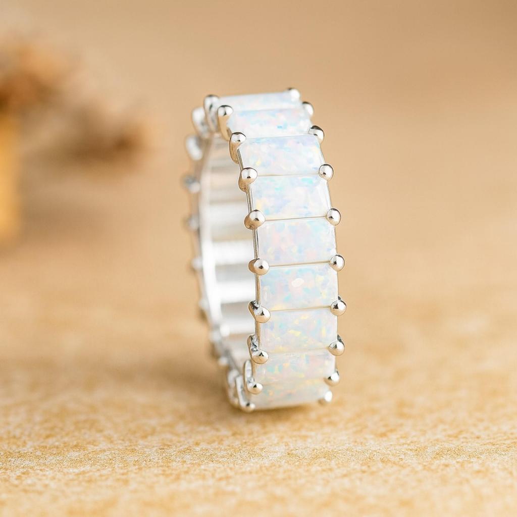 Кольцо-дорожка с багетными опалами из стерлингового серебра 925 пробы – Штабелируемое кольцо для свадьбы/юбилея, ювелирный подарок для женщин