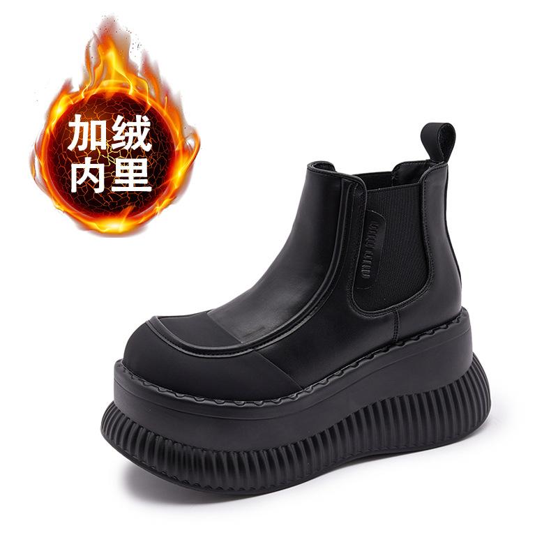 Thick-soled Cigarette Boots Women's Autumn and Winter New Mid-tube Chelsea Women's Boots Versatile Height-increasing Short Boots Black Martin Boots