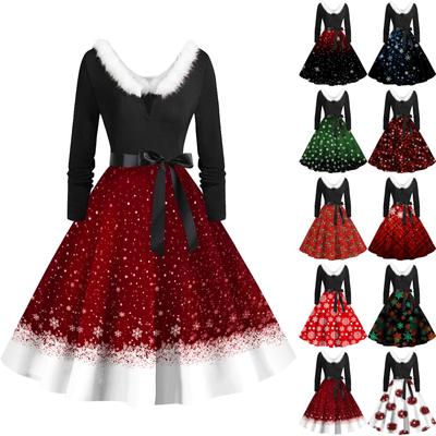 Женское повседневное и модное платье с длинными рукавами и V-образным вырезом с рождественским принтом на молнии