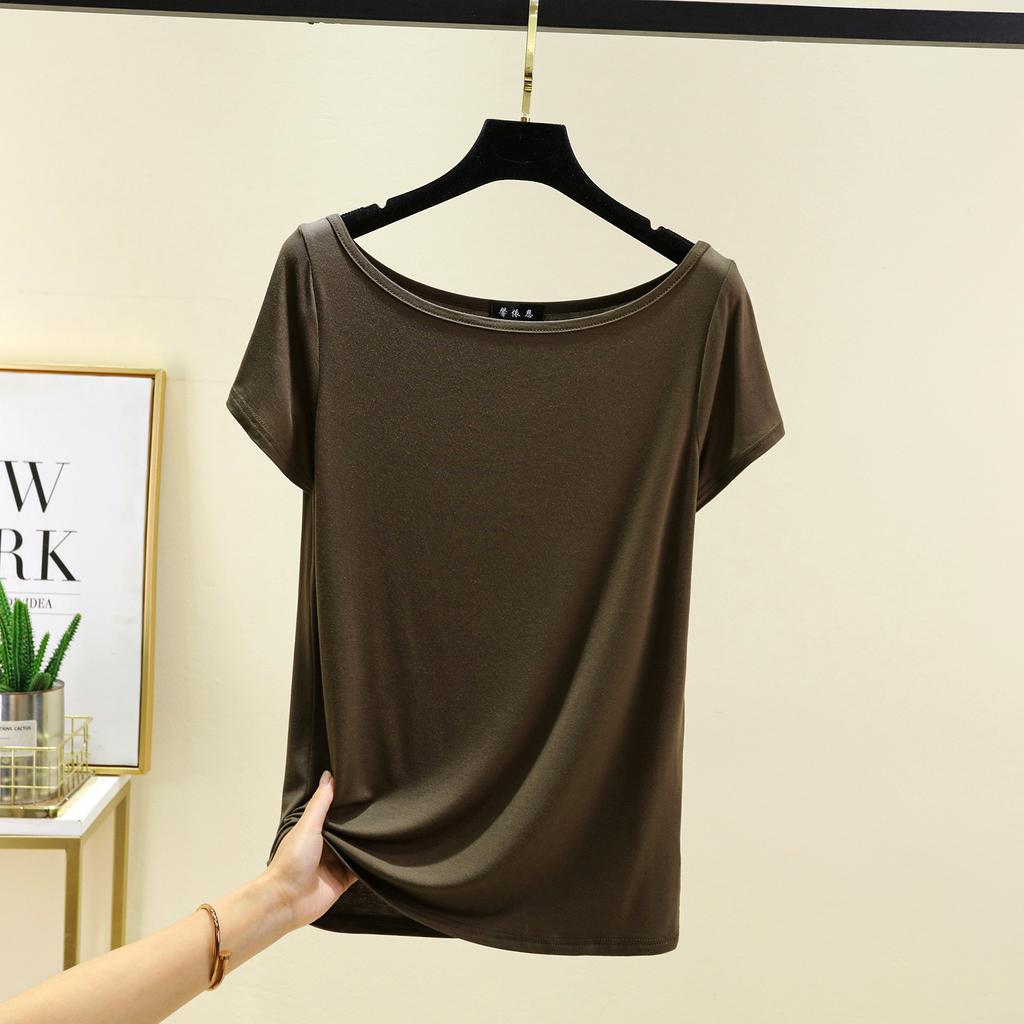 Модал с короткими рукавами и открытой спиной Футболки женские лодочки с открытыми плечами Футболка Однотонный цвет Свободный базовый слой Топ Большие размеры простые Майки