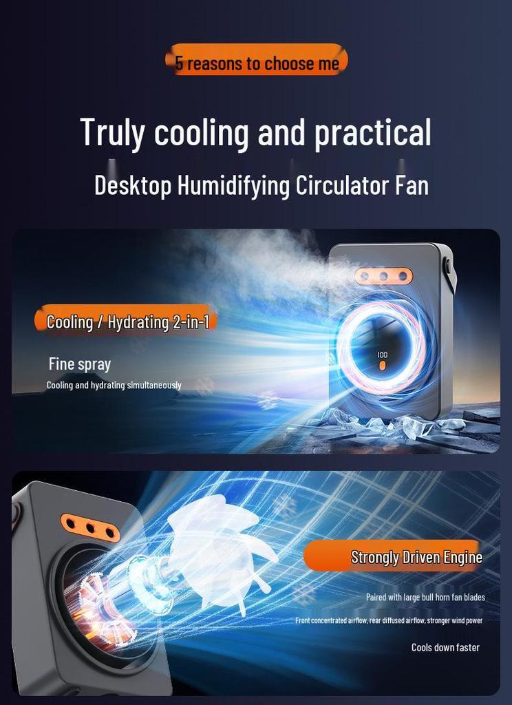 USB Rechargeable Desktop Humidifying Spray Fan with Wall-Mount Option for Home and Office Use
