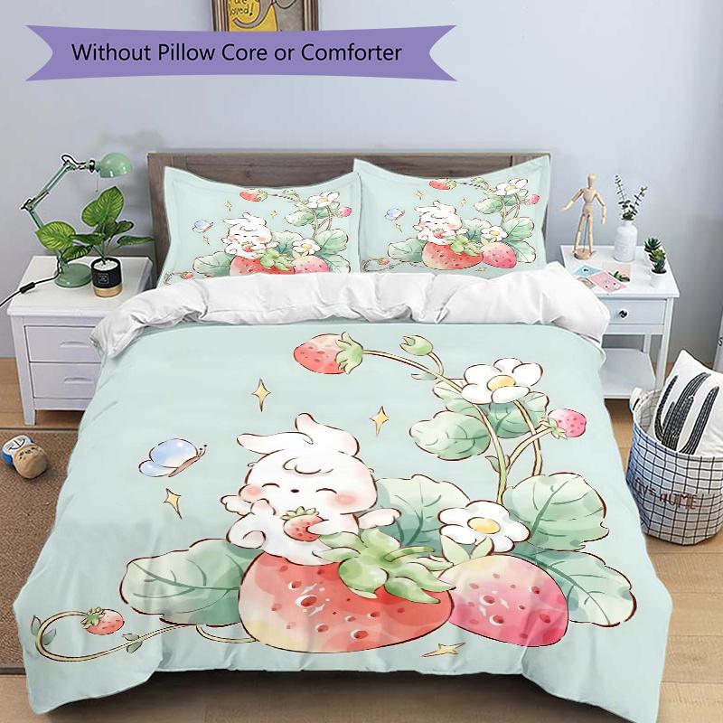3pcs Strawberry Rabbit Bedding Set - 1 Soft Quilt Cover + 2 Pillowcases, Machine Washable - Suitable for All Seasons M096