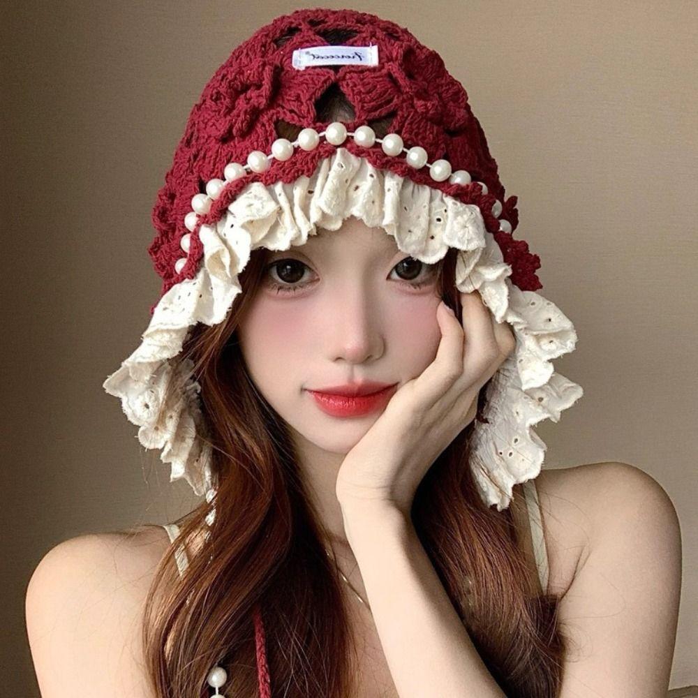 Hollow Out Lace Beanies Pearl Tassels Knit Cap Casual Crochet Flower Knitted Hat Girls