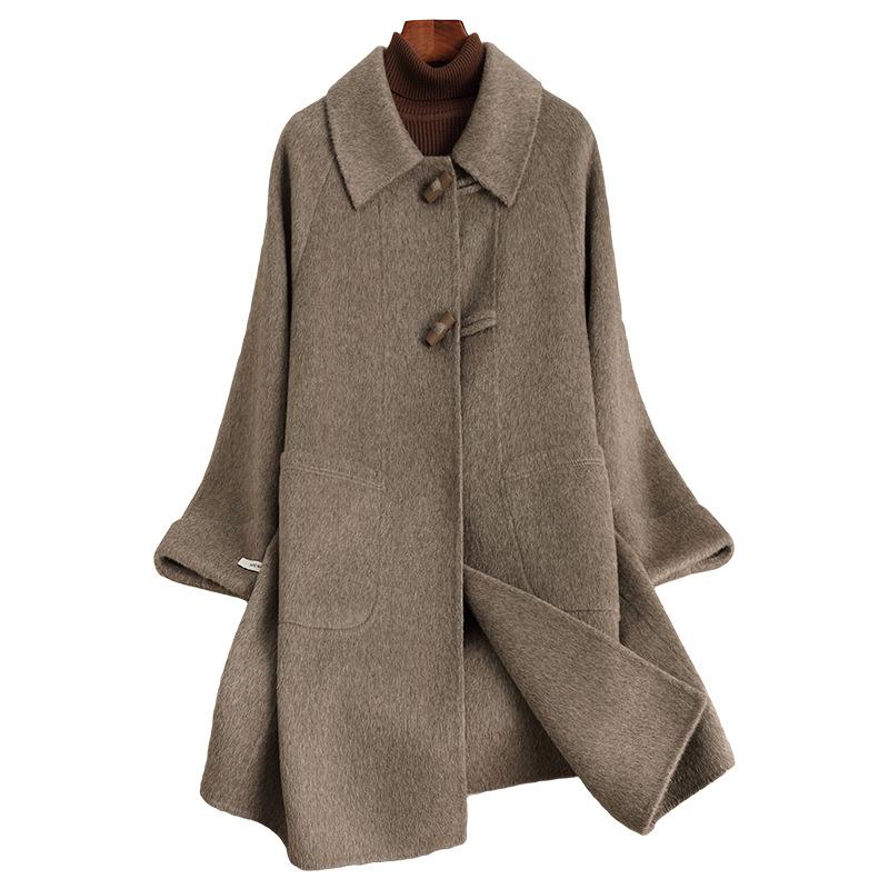 Women's Mid-Length Double-Faced Cashmere Coat, 2024 Autumn/Winter, New Korean Style, Loose Fit with High-End Horn Buttons.