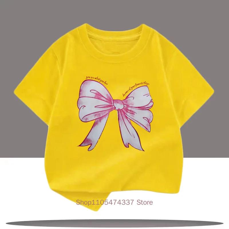 Pink Bow Graphic Print Tshirts For Girls Summer Children Casual Cute Comfortable Colorful Tops Kids Oneck Short Sleeve Tees
