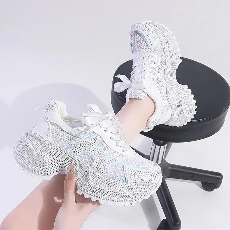 Мода 7см Летние Роскошные Дизайнерские Женские Кроссовки Daddy со Стразами Толстая Подошва Сетка Розовые Милые Женские Тенниски на Платформе Весна
