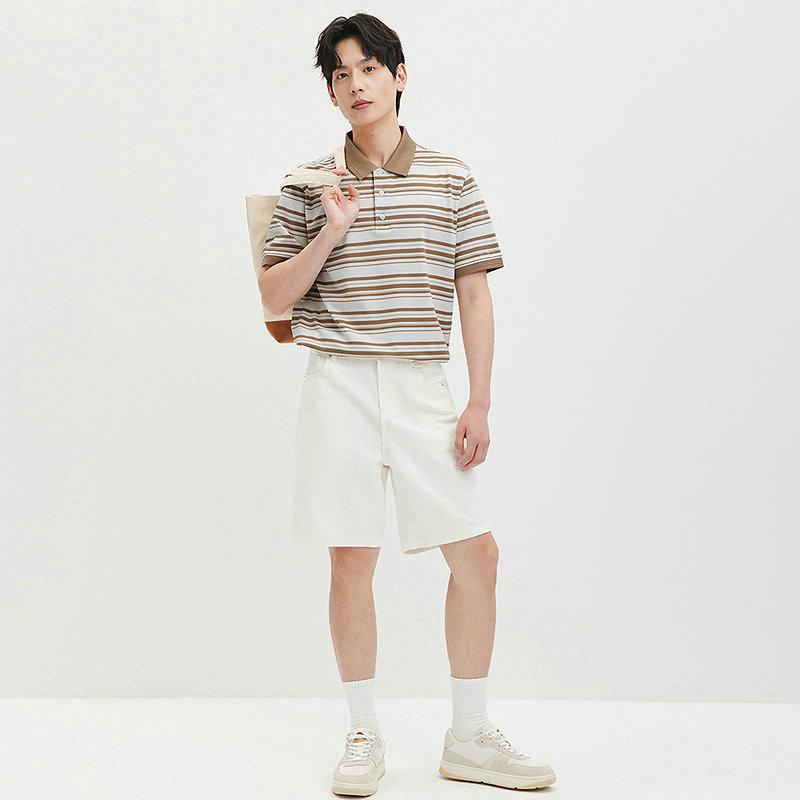 Silk Cotton Color Woven Fine Strip Short-Sleeved Collar Polo