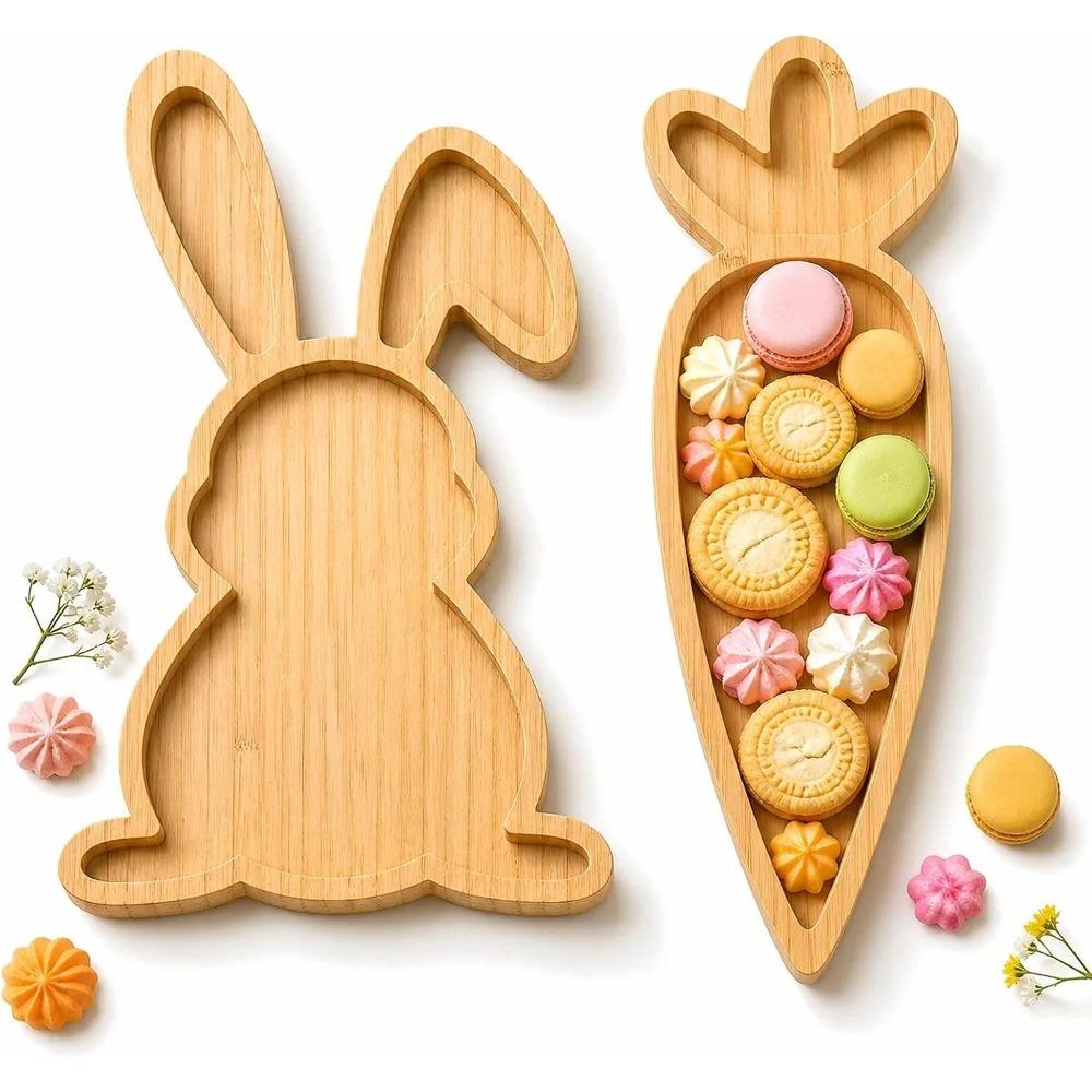 Easter Charcuterie Board Set 2PCS, Bunny and Carrot Wooden Serving Trays for Food, Rabbit Snack Platter for Party Hosting, Spring Holiday Table Decor