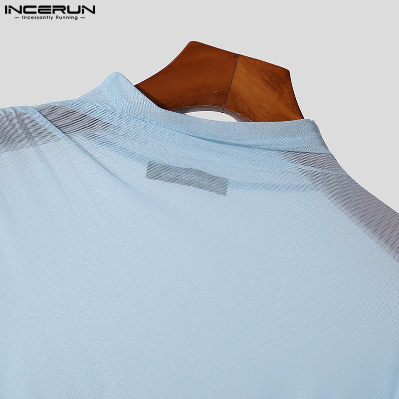 INCERUN Мужские прозрачные топы с длинным рукавом и оборками для клубной вечеринки, короткие сетчатые футболки