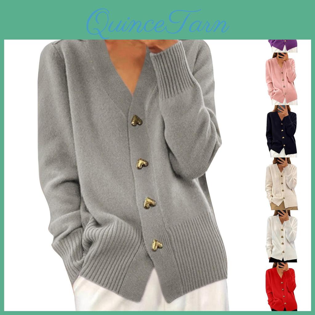 Womens Solid Fashion Color Long Sleeve Vneck Knit Cardigan Button Sweater Jacket