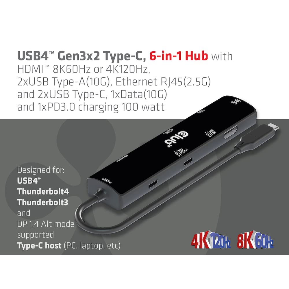 Концентратор Club 3D USB4 Gen3x2 HDMI 8K60Hz или 4K120Hz 2xUSB Ethernet 1xUSB 1xUSB Зарядка 100 Вт Type-C 6-в-1 / Type-A (10G) / RJ45(2,5 г) / Данные Type-C(10G) /