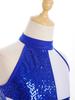 Girls Color Block Latin Dance Leotard Shiny Sequins Tassel Halter Sleeveless Backless Bodysuit Performance Costume