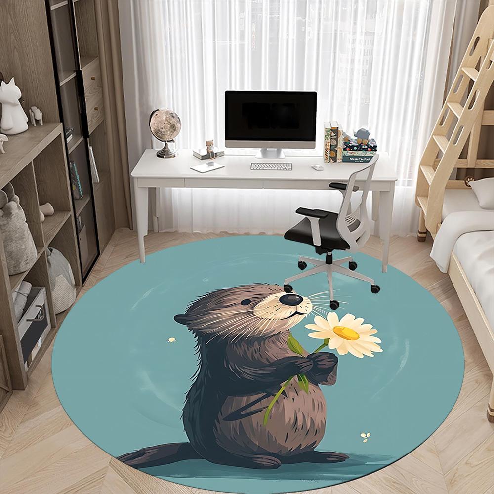 1pc Otter Daisy Office Round Area Rug, Indoor Mat Suitable For Office, Under Office Chairs Bedroom Living Room Home Decor, Room Deco, 080