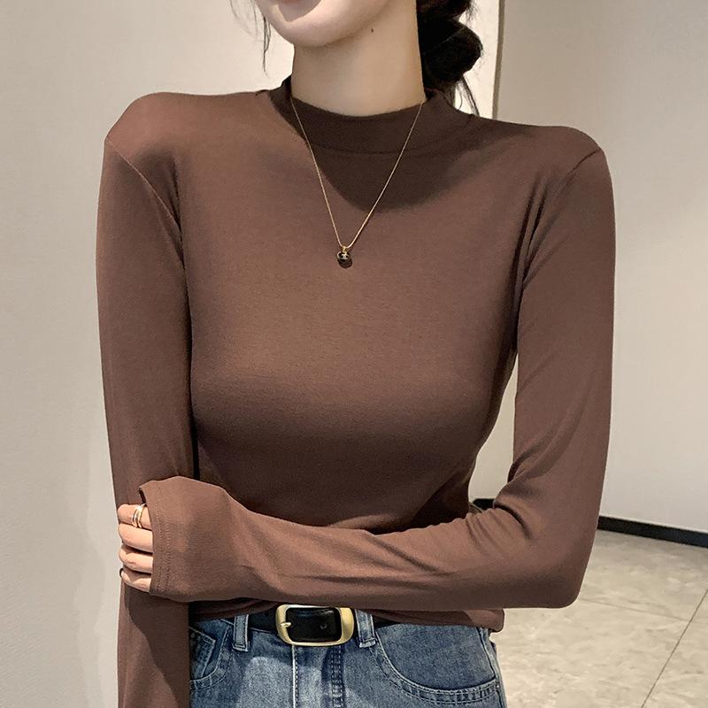 Длинный рукав Женская холодная базовая теплая футболка Модальная нижняя рубашка Однотонная осенняя футболка с полувысоким воротом и круглым вырезом с маленьким воротником