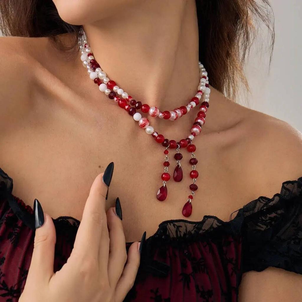 IngeSight.Z Goth Red Blood Pattern Imitation Pearl Tassel Pendant Necklace Women Exquisite Crystal Bead Choker Halloween Jewelry