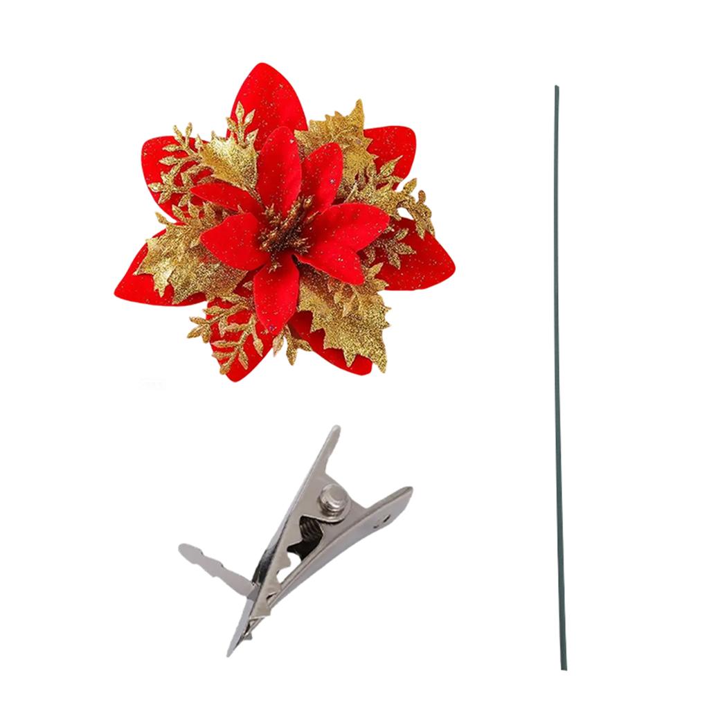 Glitter Poinsettia 5.5 Inch Artificial Flower Christmas Clip Stem Christmas Tree Ornaments For Wedding Party Wreath Decoration
