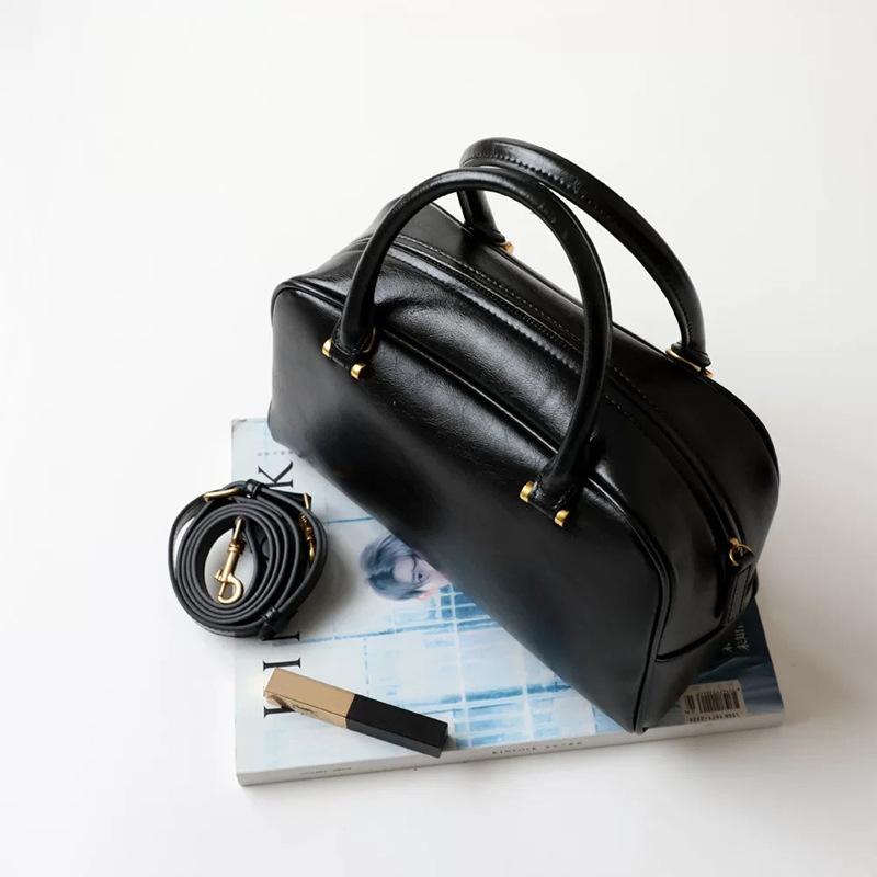 Boston Bag Genuine Leather Bowling Bag Women's Korean Cowhide Handbag Shoulder Bag Crossbody Bag