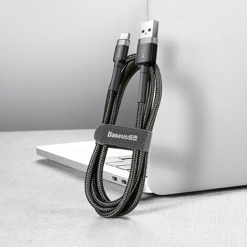 Baseus Cafule Series USB to USB-C Durable Nylon Cable, Quick Charge 3.0, 2A, 2M, Black-Grey (CATKLF-CG1)