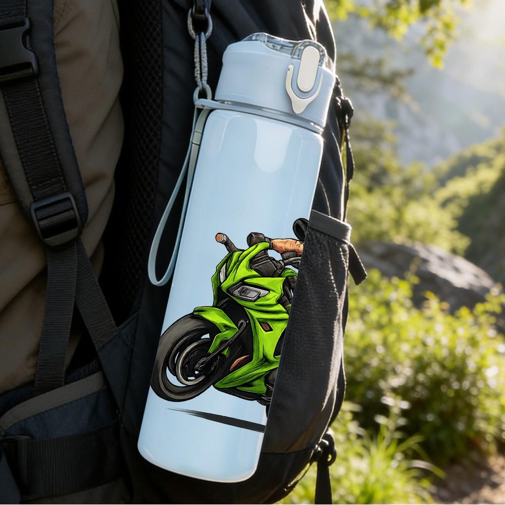 1PC Motorcycle Rider Motorbike Pattern 750ml Color Plastic Sports Water Bottle Leakproof Flip Straw Lid Suitable for Sports Office Home Use