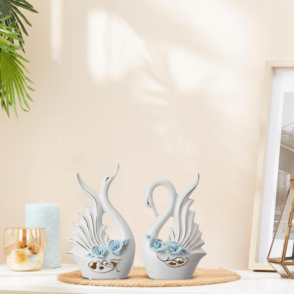 Modern Elite Swan Pair Ceramic Art Figure | Beautiful Home Decor (Set of 2, White)