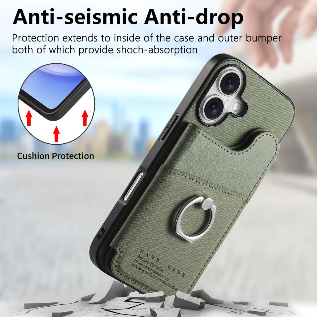 For iPhone 16 Case with Card Holder Kickstand Leather+TPU+PC Phone Cover