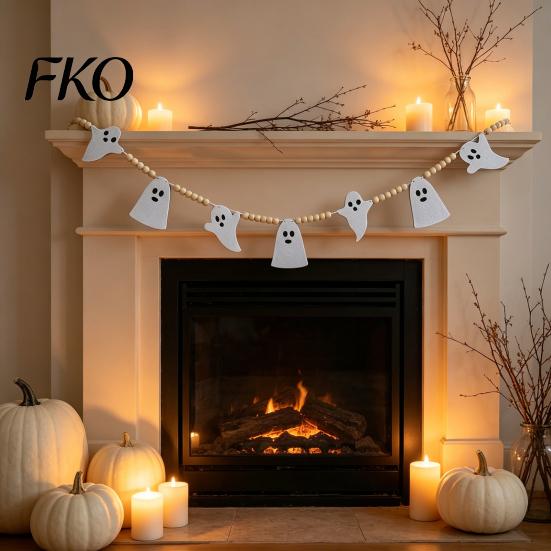 Halloween Banner Decoration 2 Pcs 7.5FT Garland, Felt Pumpkin Ghost Bat Skull Garland with Fireplace Wood Beads, Party Hanging for Doorway Indoor