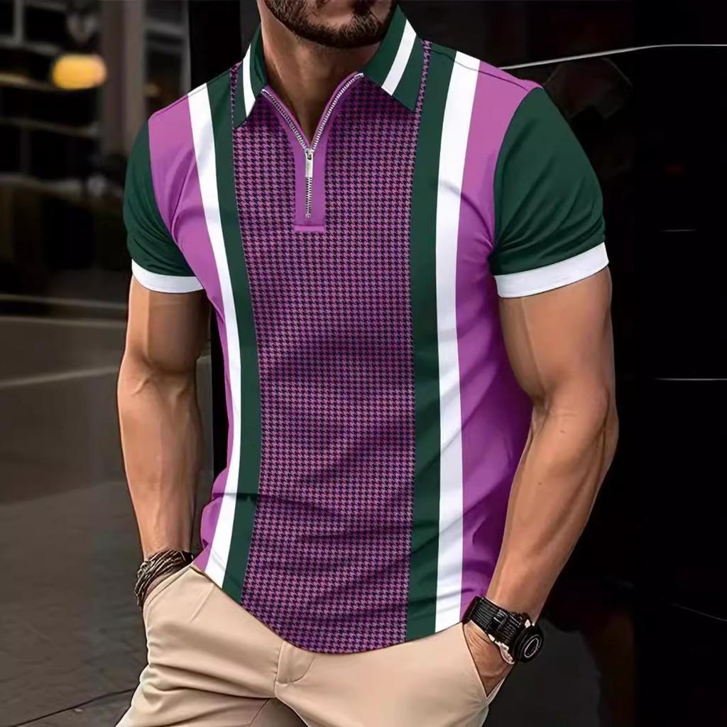 Мужская повседневная футболка-поло с принтом в полоску для улицы с лацканом и коротким рукавом