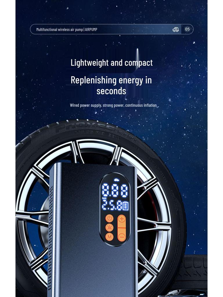 Портативный умный цифровой автомобильный воздушный насос: Компактный ручной насос высокой мощности с цифровым дисплеем