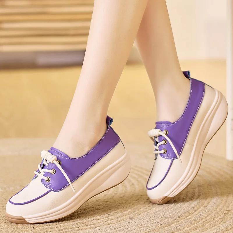 Fashion Women Fashion Platform Flats Sneakers  Autumn Breathable Lace Up Wedge Sport Shoes Comfort Soft Leather Travel Casual Shoes