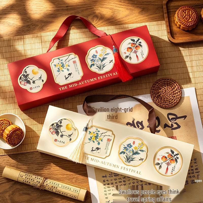 2026 Mid-Autumn Festival Mooncake Gift Box - 4-Piece Set with Ice Skin, Lava Fresh Meat, Five Nuts, and Egg Yolk Pastries