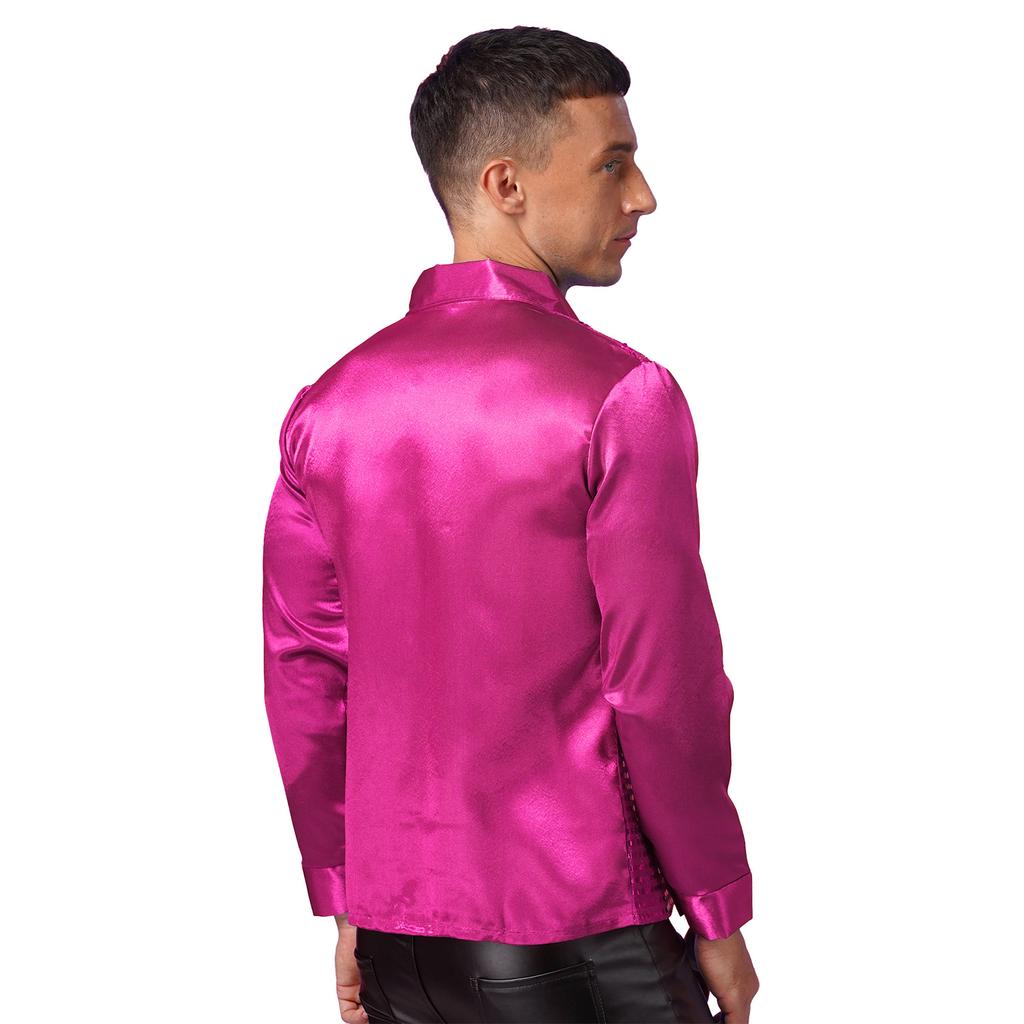 Men’s Stage Performance Sequined Shirt Turn-Down Collar Long Sleeve Patchwork Sparkly Top for Latin Jazz Dance Practice