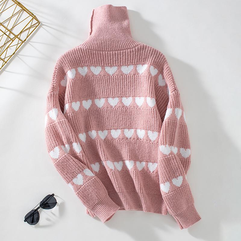 Women's Fall/winter Sweater Loose Casual Love Jacquard Turtleneck Pullover Knit Sweater